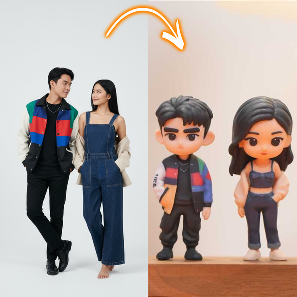 Custom Street Fashion Couple 3D Figurines - Personalized Chibi Style Dolls from Photo