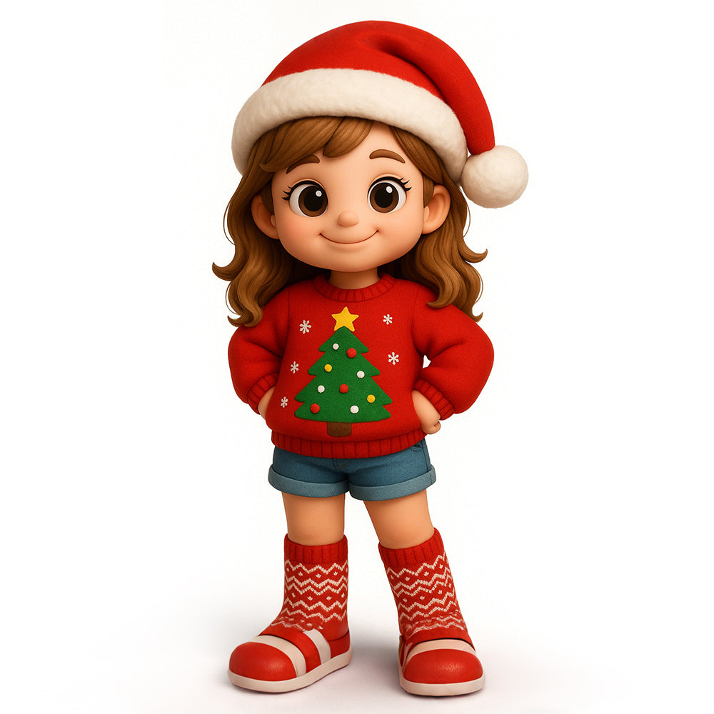 Illustration of a girl wearing a Santa hat, red sweater with a Christmas tree, and red boots on a white background.