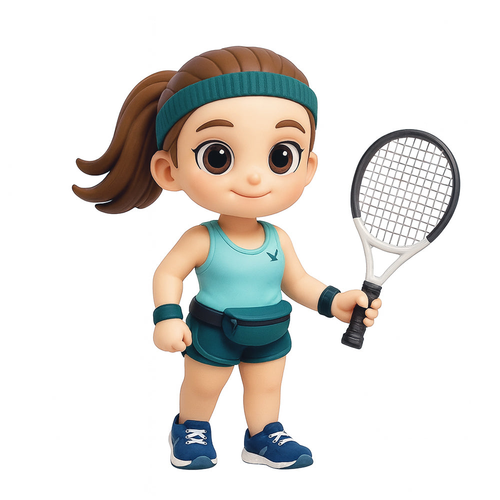 Cartoon character dressed in tennis attire holding a racket on a white background