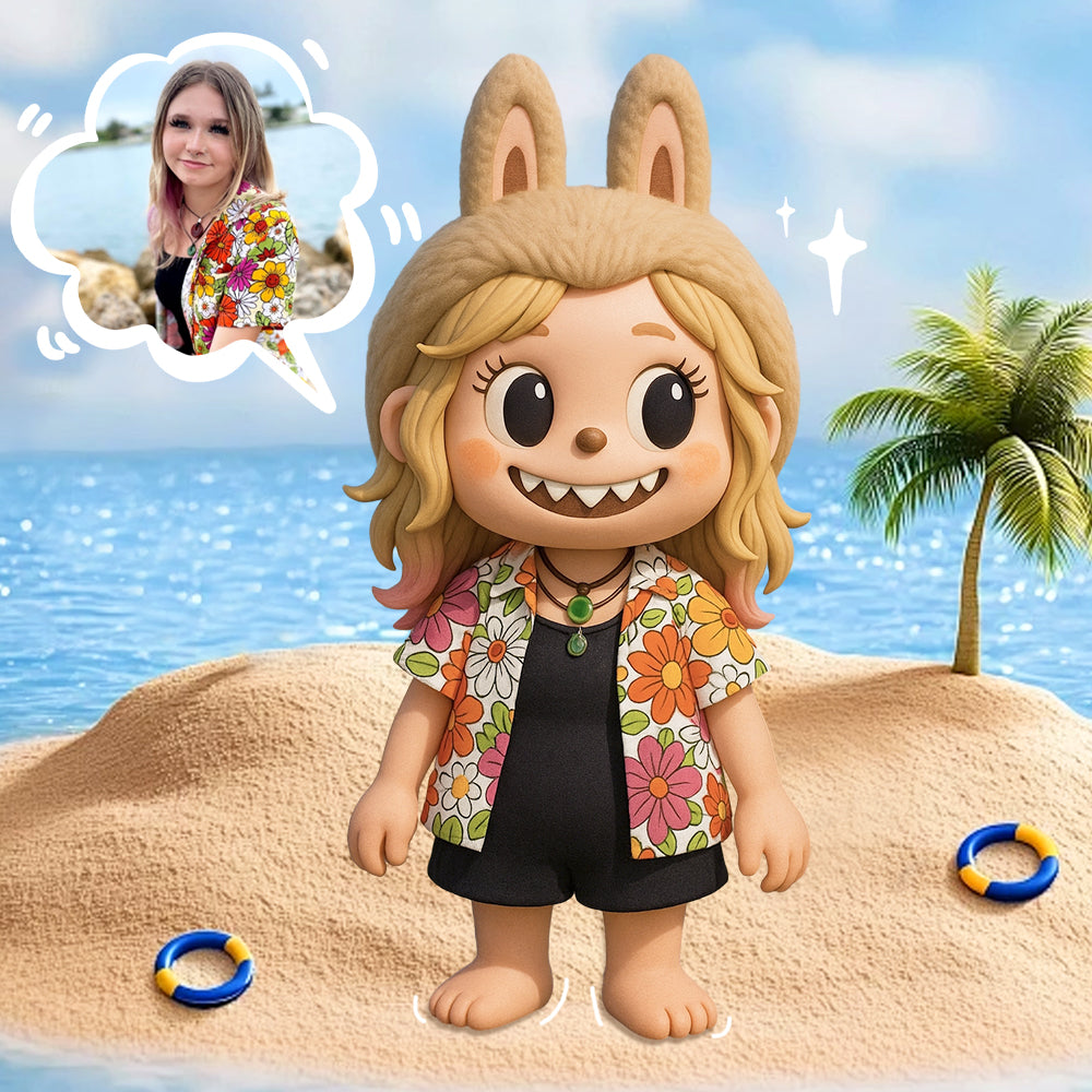 Cute Bunny Girl 3D Cartoon Figure with Colorful Floral Summer Outfit