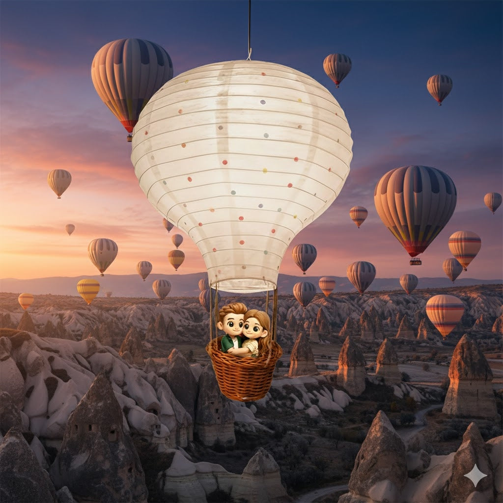 Hot air balloon with a character in a basket against a sunset sky with other balloons.