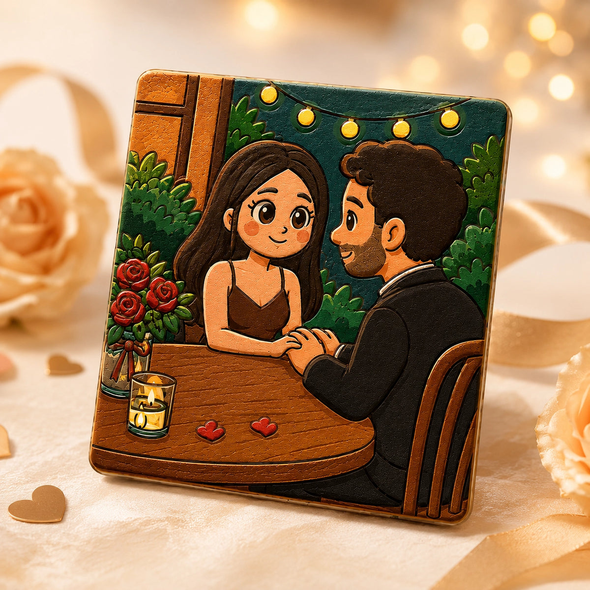 Custom fridge magnet of a couple in 3D relief style, made from their photo
