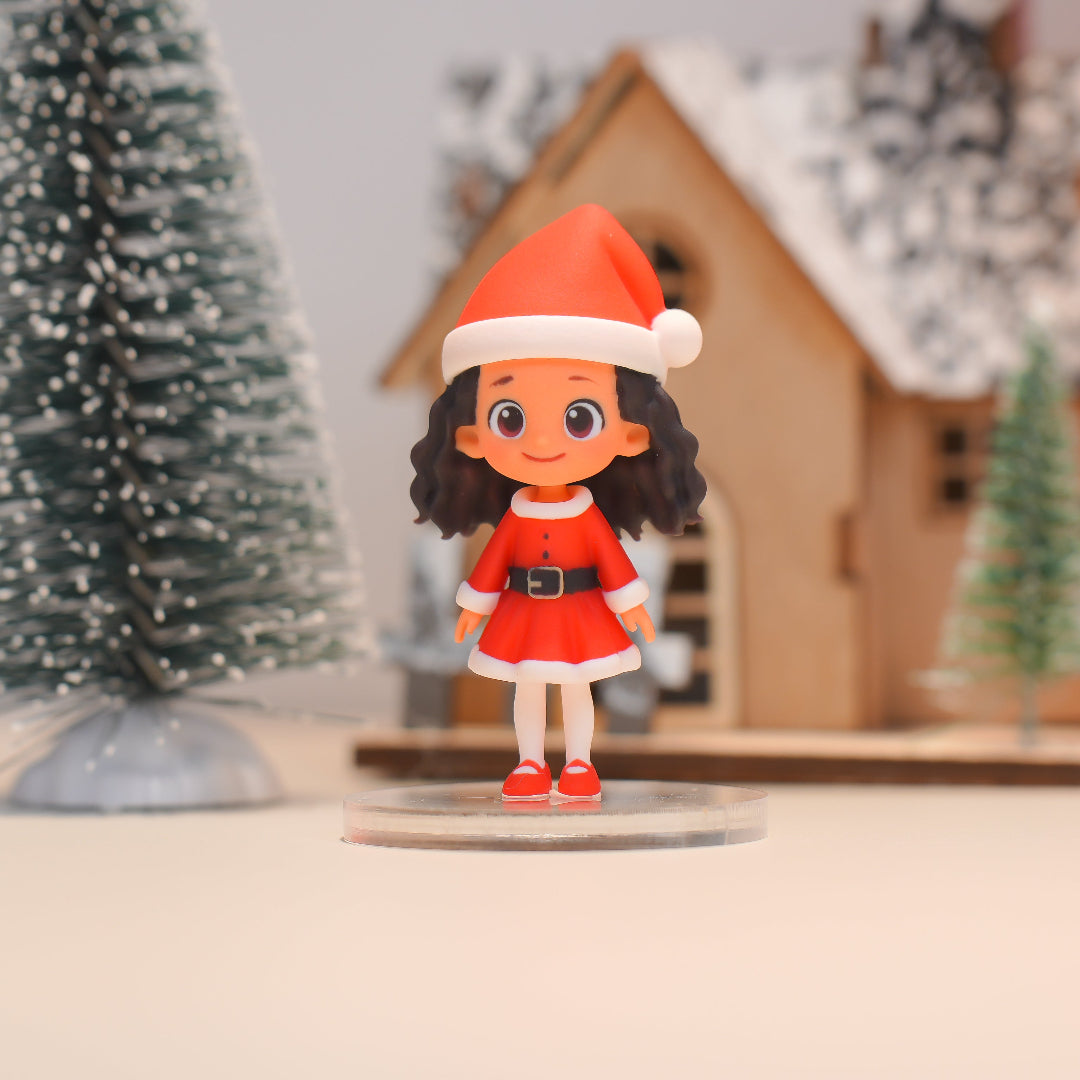 Christmas-themed figurine of a girl in a Santa outfit with a blurred festive background.