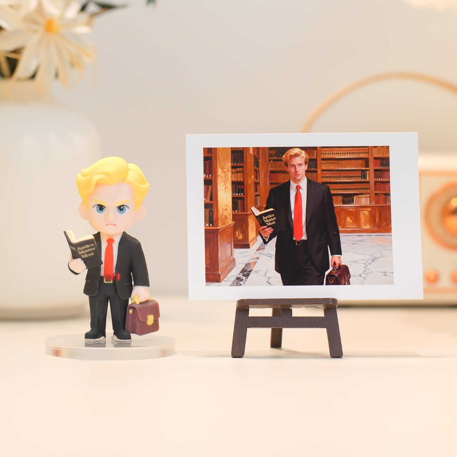 Figurine of a person in a suit with a red tie, standing next to a photo of a similar scene.
