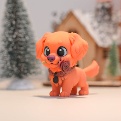 Orange dog figurine with a rose on a blurred background