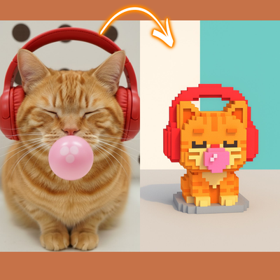 Cat blowing bubble gum with a toy figure of a cat wearing headphones and blowing bubble gum on a colorful background.
