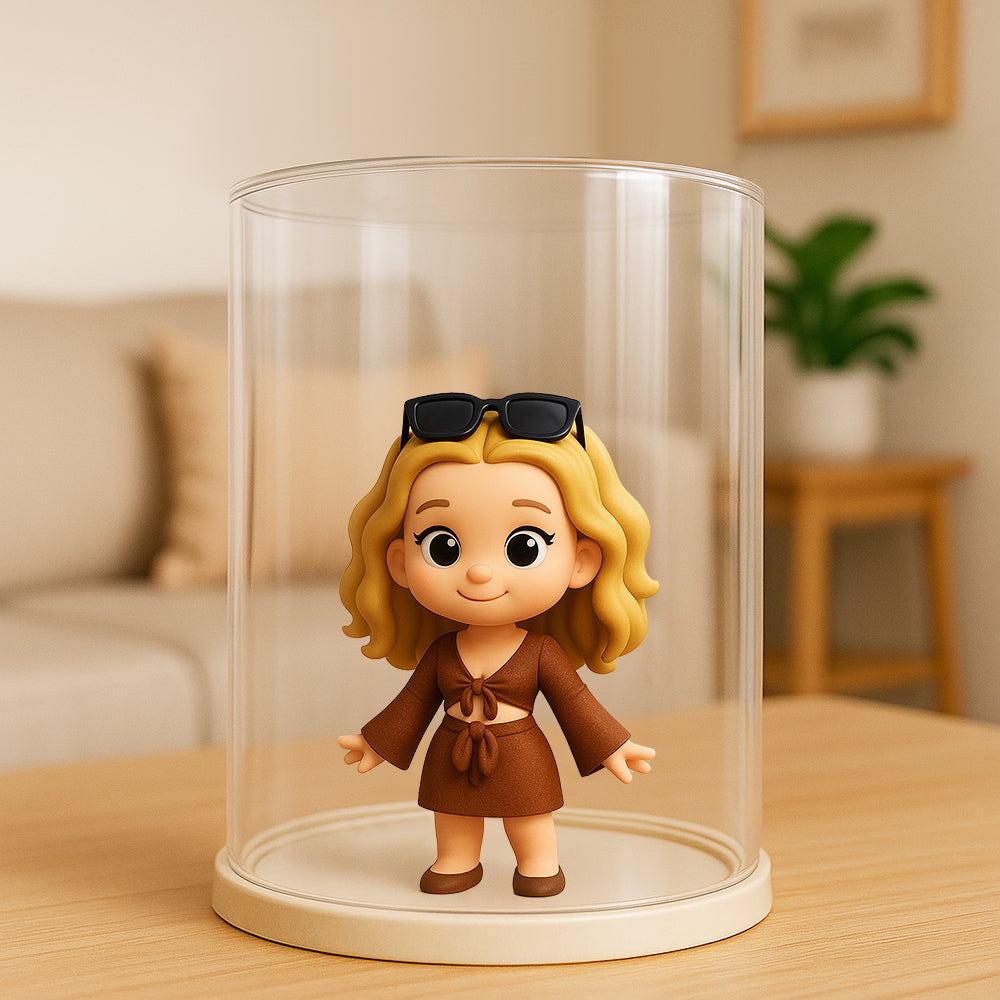 Small figurine of a person wearing sunglasses inside a clear cylindrical display case on a wooden surface.