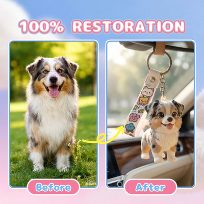 Close-up of a personalized 3D printed pet keychain showing vivid fur texture, accurate coat markings, and solid premium resin finish