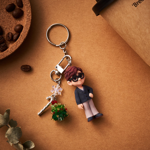 Personalized 3D Keychain from Photo with Crystal Christmas Tree Pendant Custom Cartoon Mini Figure Doll Unique Keyring & Creative Gift with Tree Accessory