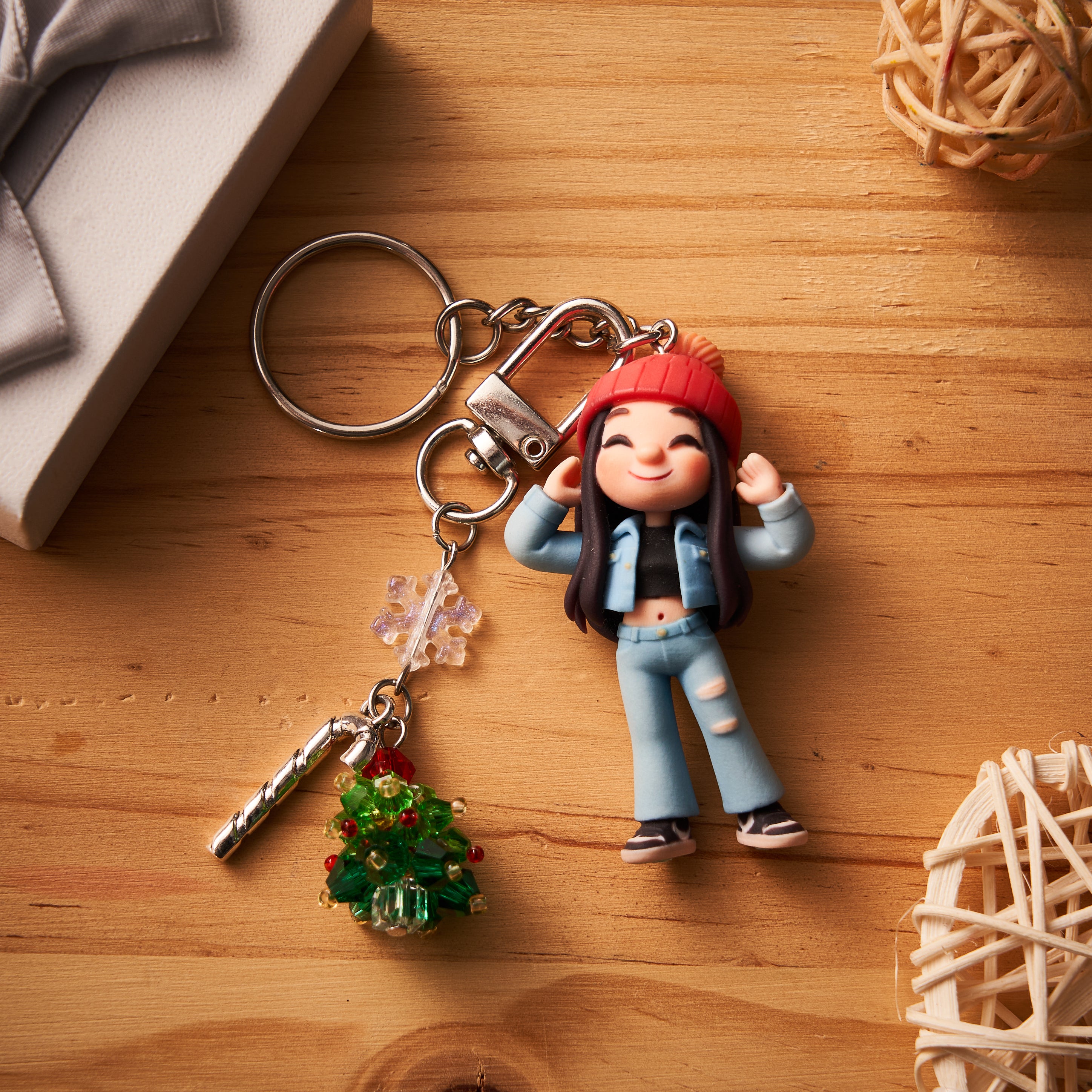 Custom 3D Keychain Mini Doll from Photo with Crystal Christmas Tree Pendant Custom Cartoon Character Unique Keyring & Creative Gift with Tree