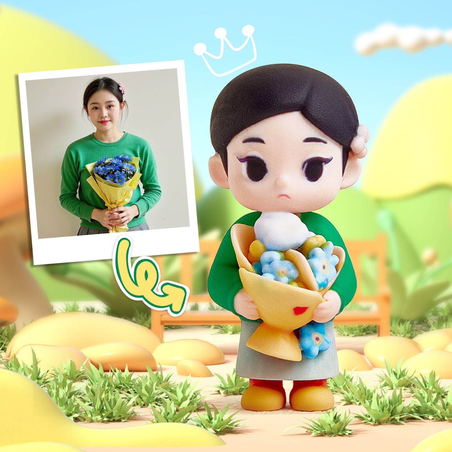 Cute Bunny Girl 3D Cartoon Figure with Colorful Floral Summer Outfit