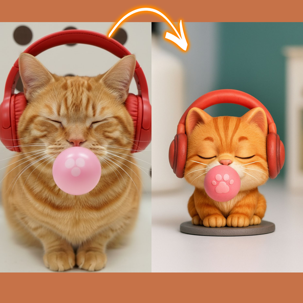 Real cat next to a cat figurine wearing red headphones and blowing a pink bubble.