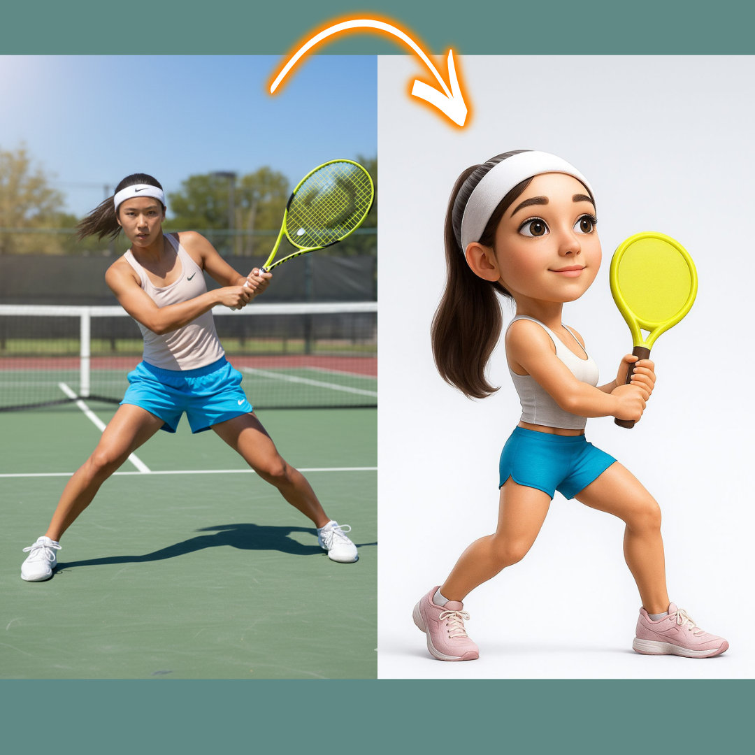 Real-life tennis player on a court with an animated version of the same person holding a tennis racket.