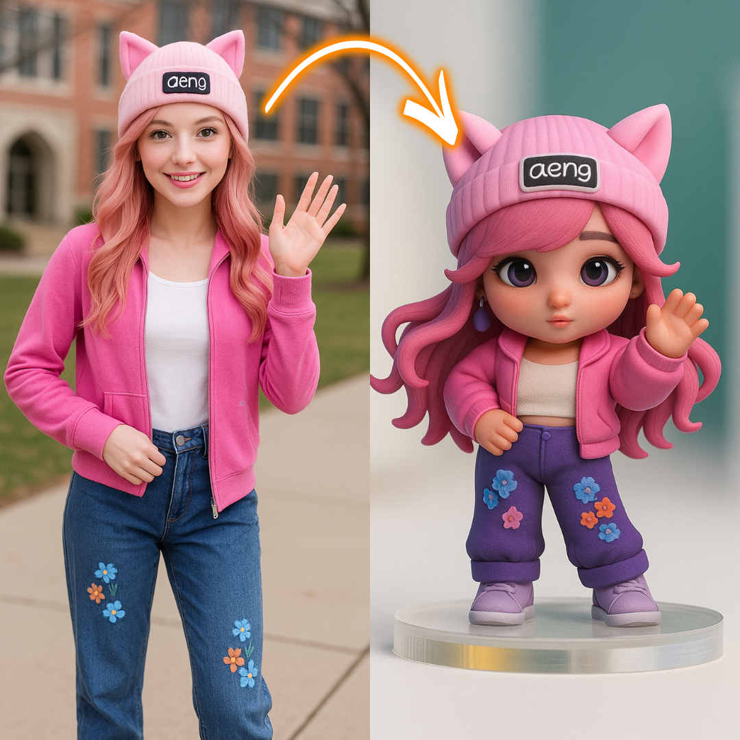Comparison of a person wearing a pink outfit with a cartoon figurine of the same character.