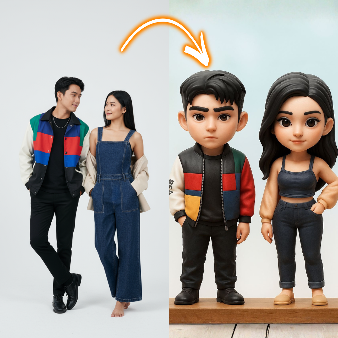 Real people next to their cartoon-style figurines on a white background