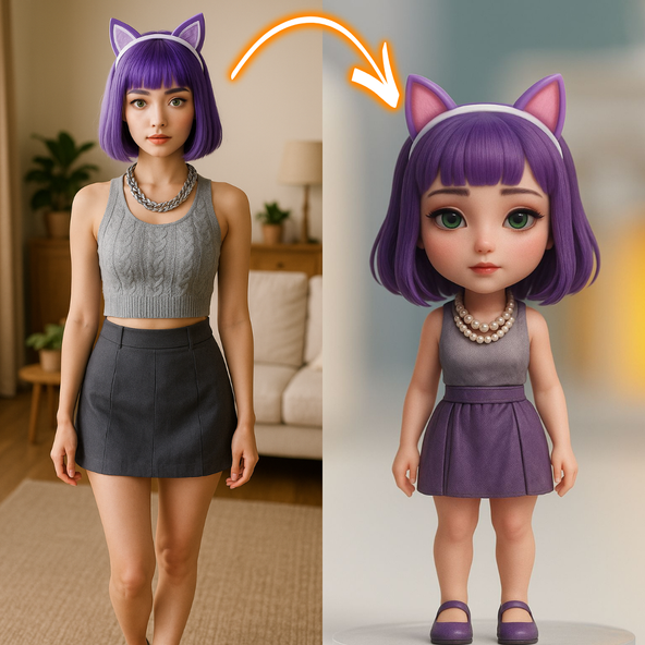 Person with purple hair and cat ears next to a doll with similar appearance in a room setting.