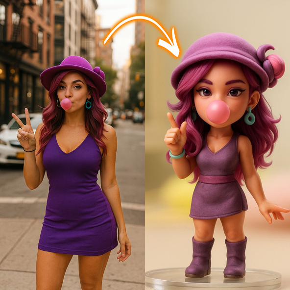 Real-life person with purple hair and outfit next to a cartoon-style figurine of the same person.