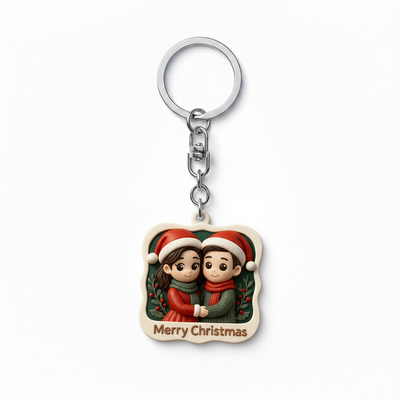 Relief Keychain with Christmas-themed design of two people holding hands, wearing Santa hats and red scarves.