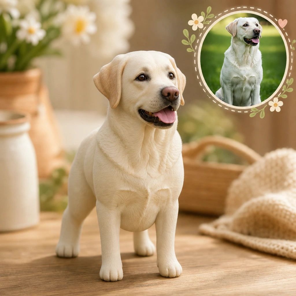 White dog figurine on a wooden surface with a blurred background
