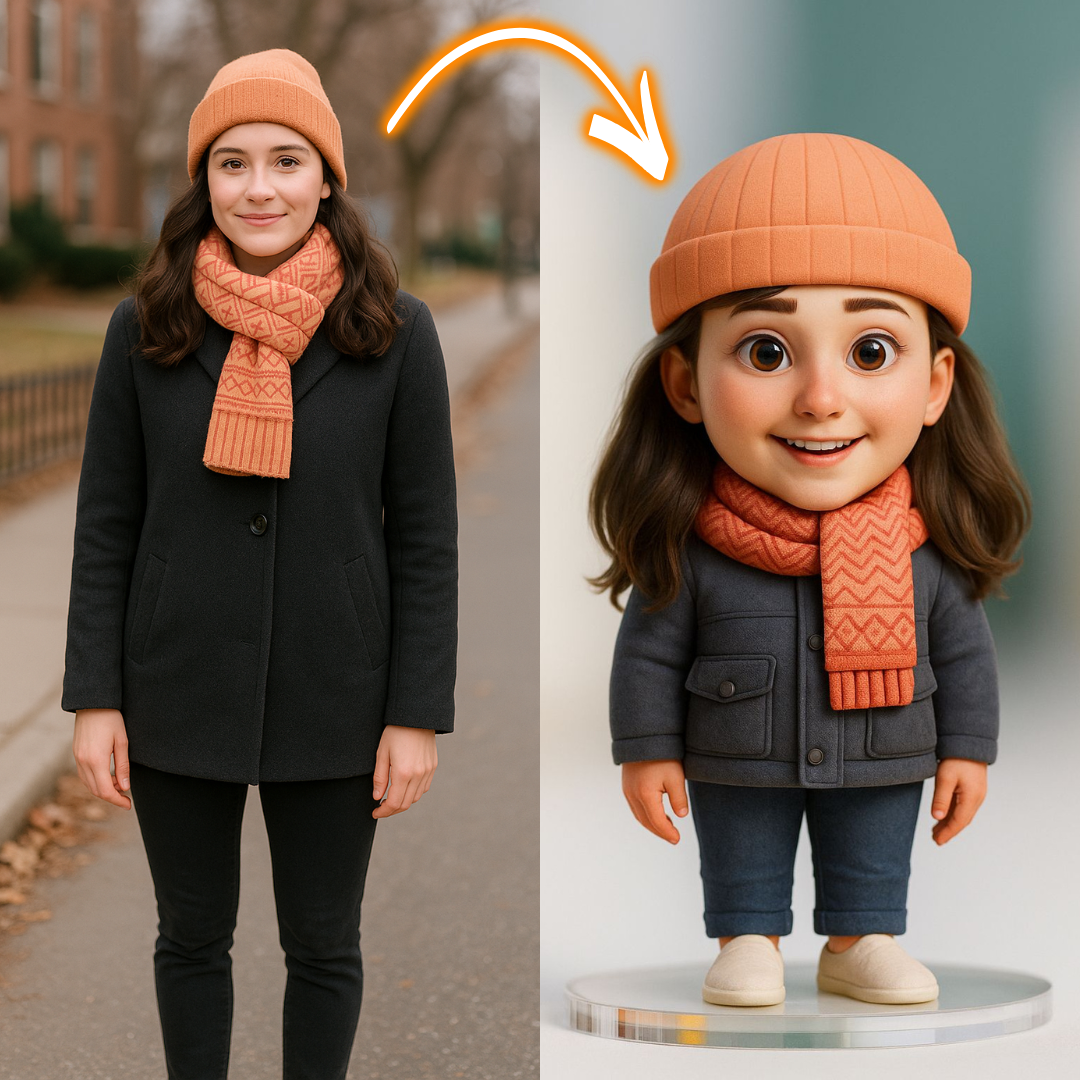 Person wearing an orange hat and scarf next to a cartoon character version of themselves.