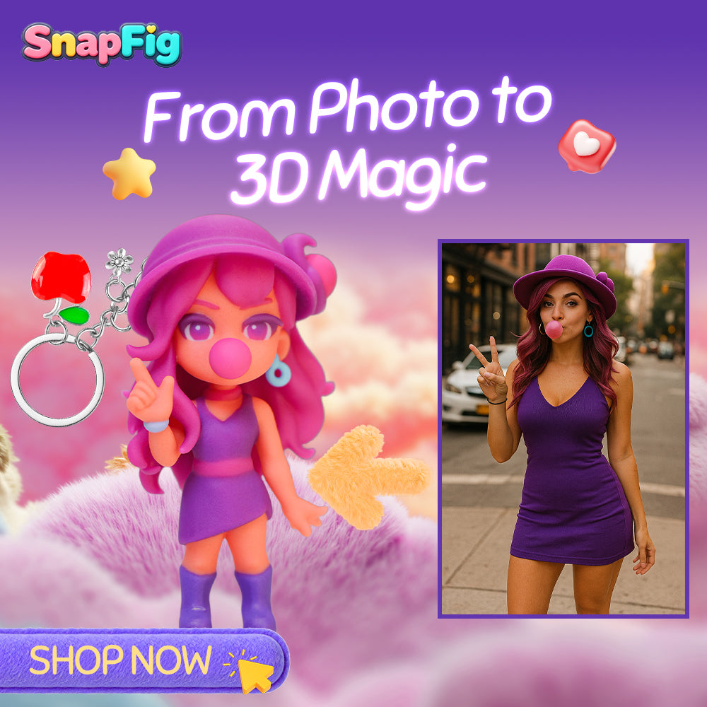 Animated character with pink hair and purple outfit next to a woman on a city street, with 'SnapFig' branding.