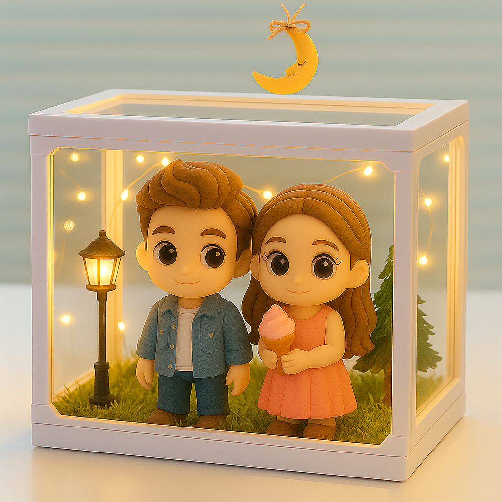 Custom 3D Couple Figure Glass Dollhouse Personalized Scene Display Case Unique Home Decor Anniversary Gift Christmas Style Holiday Gift Idea