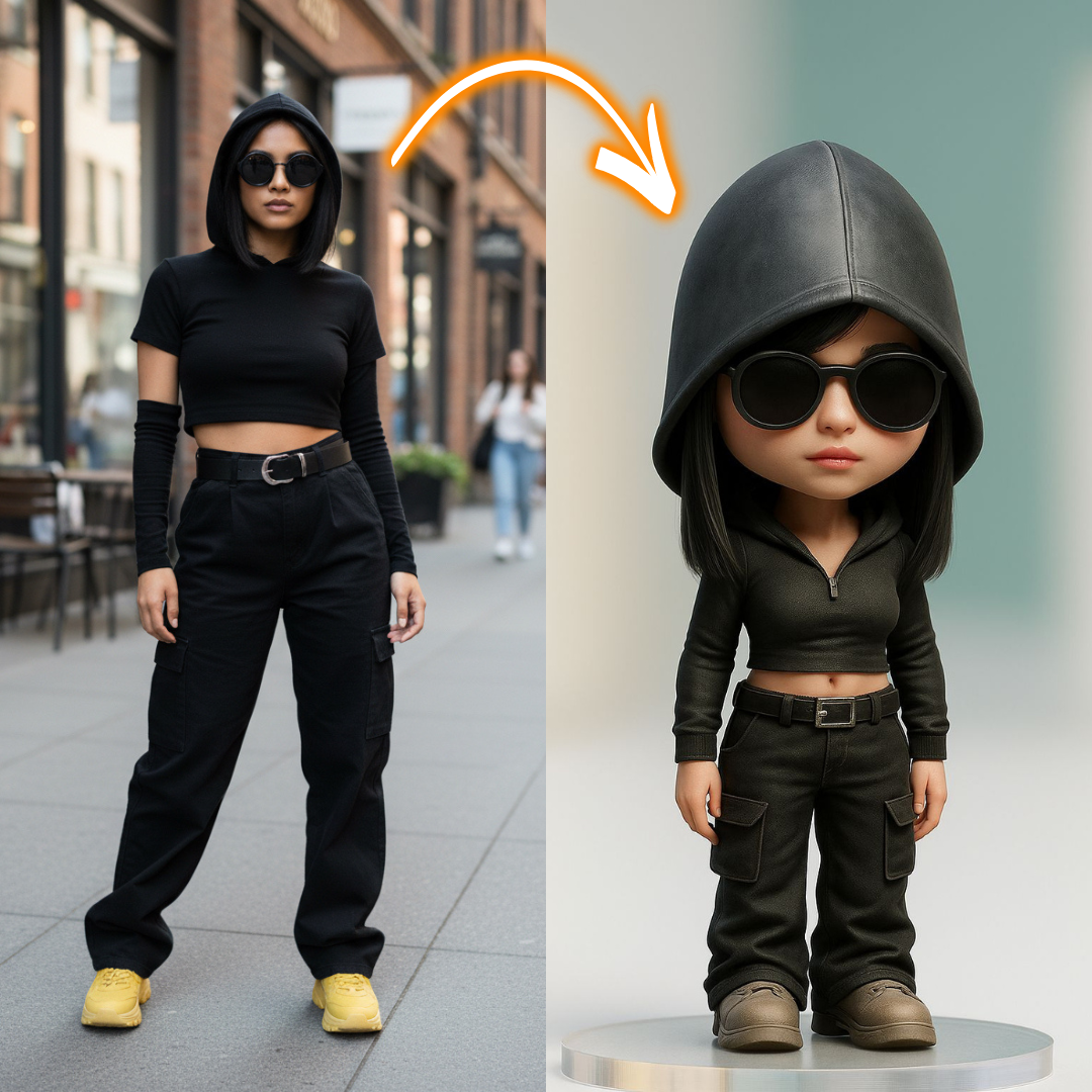 Person in black outfit with hood and sunglasses on a city street, next to a cartoon-style figure of the same person.