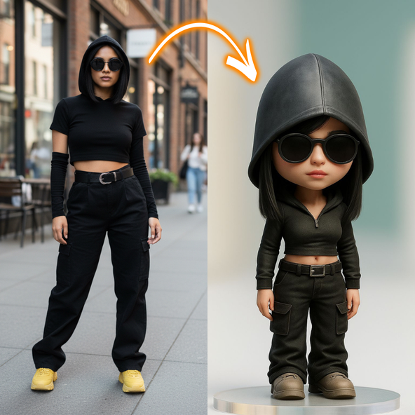 Person in black outfit with hood and sunglasses on a city street, next to a cartoon-style figure of the same person.