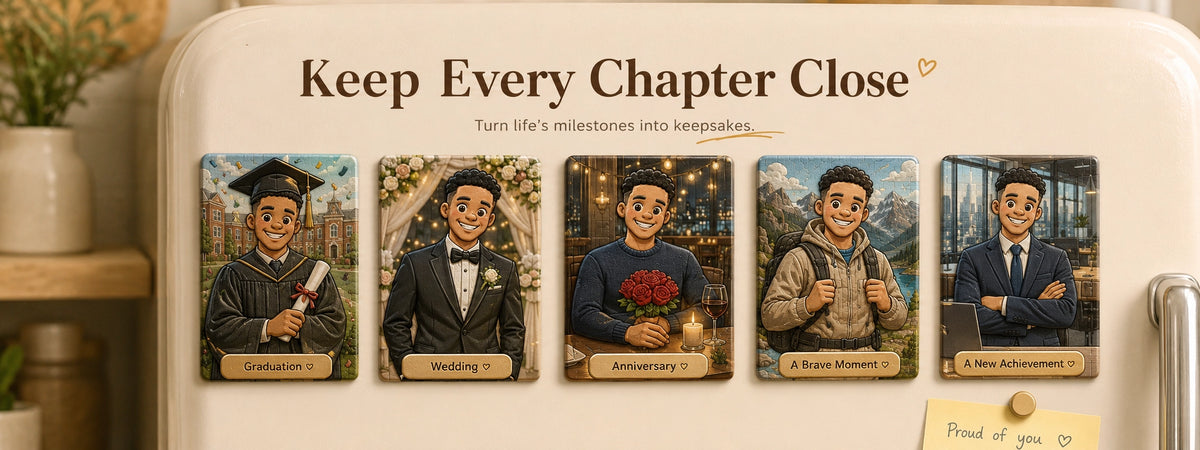 Five custom fridge magnets displayed on a fridge door, each made from a different life moment