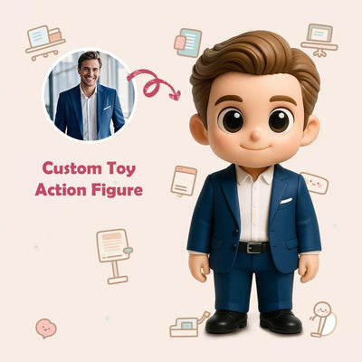 Custom toy action figure of a man in a blue suit with a real-life photo inset on a beige background.