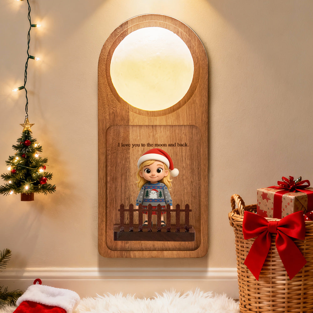 Decorative wall hanging with a child illustration, Christmas tree, and gift basket.