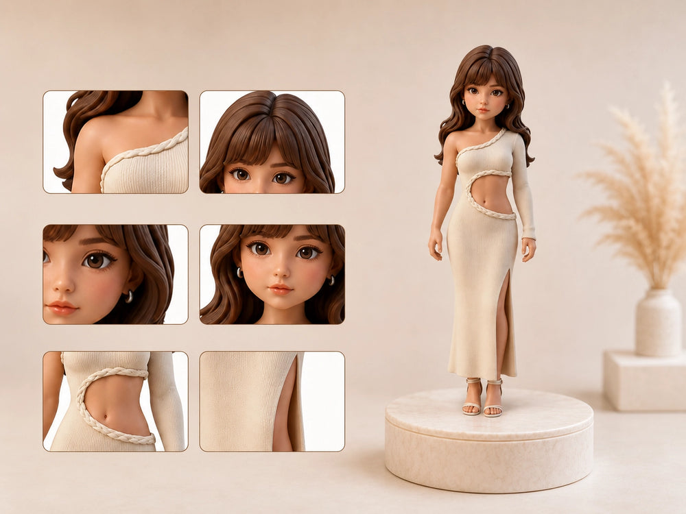 Customization details of a realistic custom statue showing hairstyle and outfit options