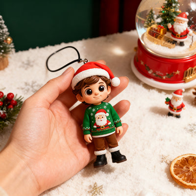 Hand holding a Christmas-themed figurine with a decorated background