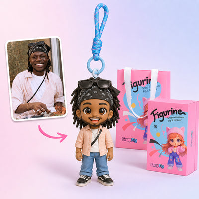 Custom mini figure keychain of a man made from his photo with SnapFig packaging