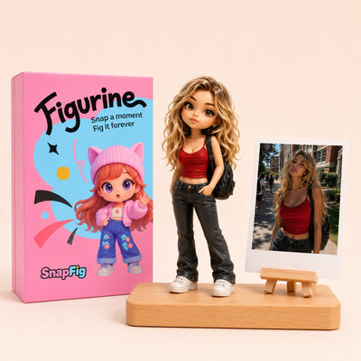 Custom pop figure of a girl beside its pink blind box packaging and reference photo