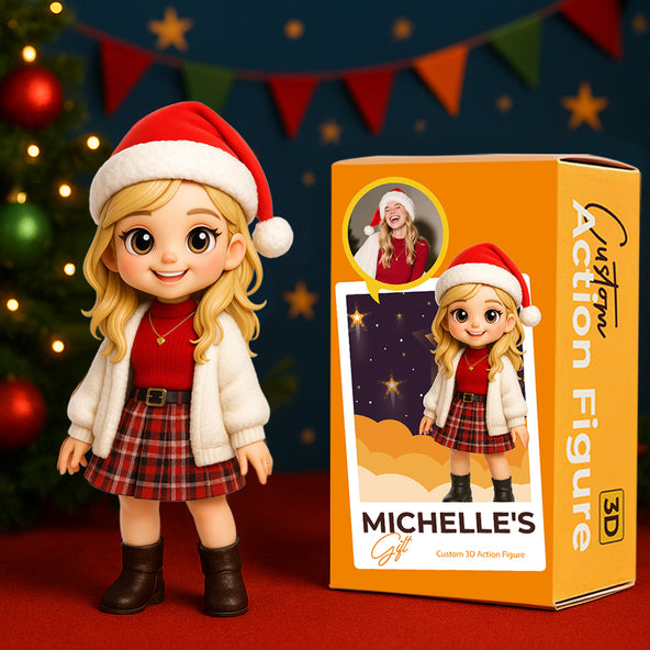 Action figure of a girl in a Santa hat with packaging on a festive background