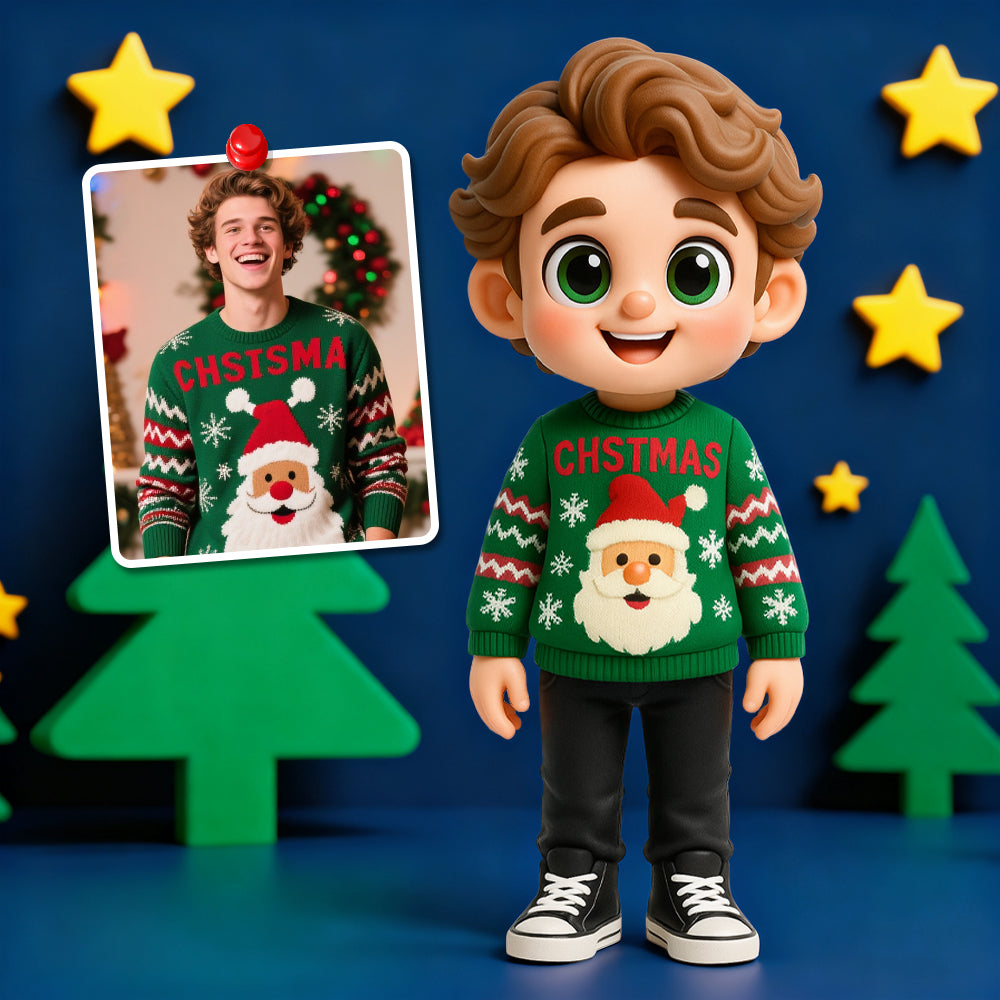 Toy figure wearing a Christmas sweater with a photo of a person in a similar sweater in the corner.