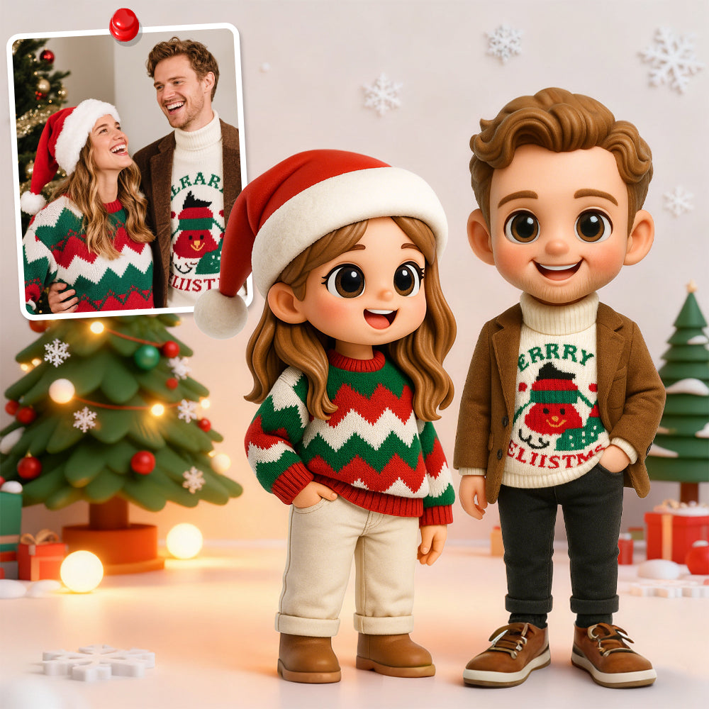 Cartoon characters wearing Christmas sweaters with a couple in the background.