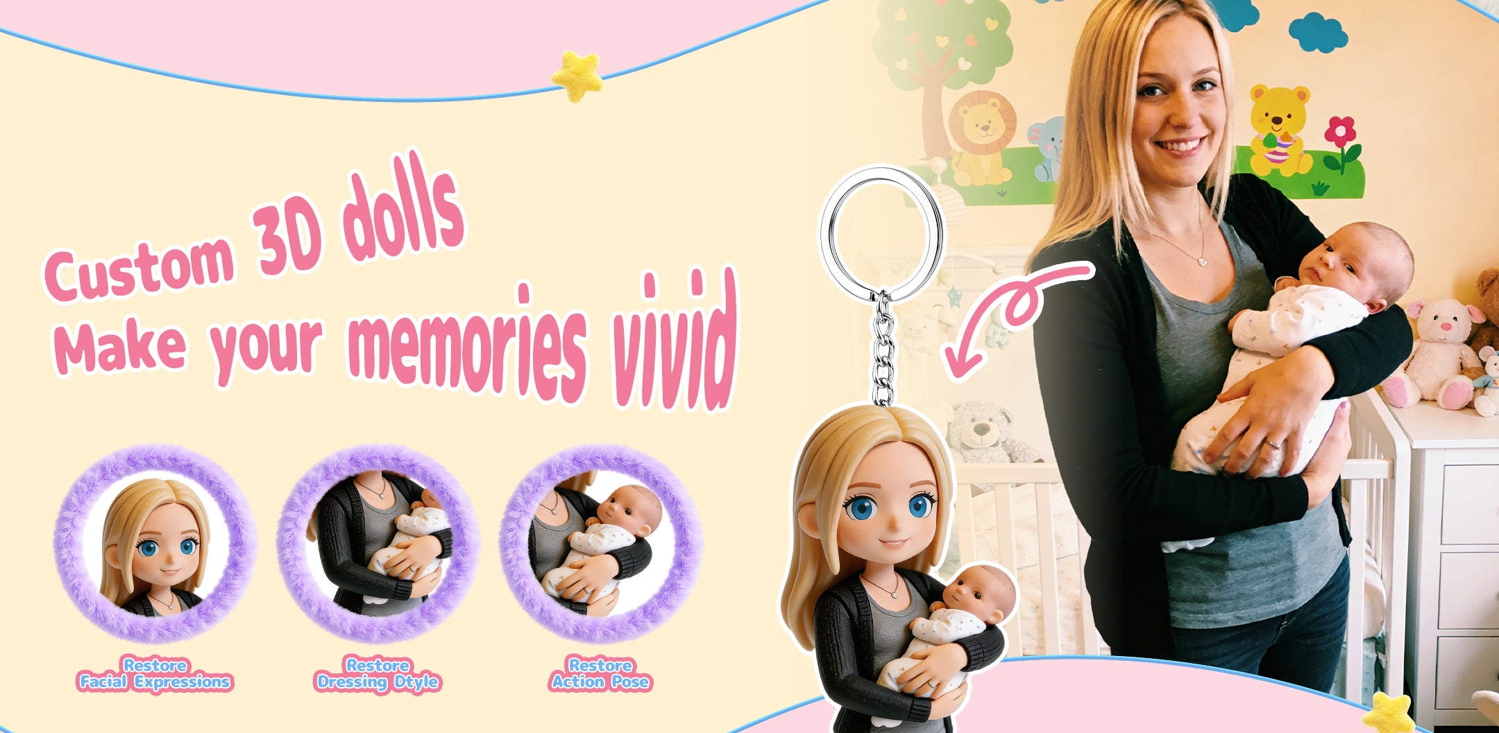 Happy wife holding her meaningful custom 3D figurine keychain gift