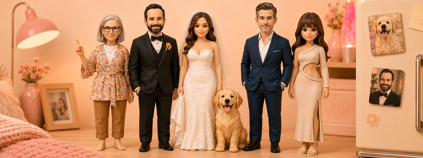 Realistic custom statues of family members, a wedding couple, and a dog displayed together