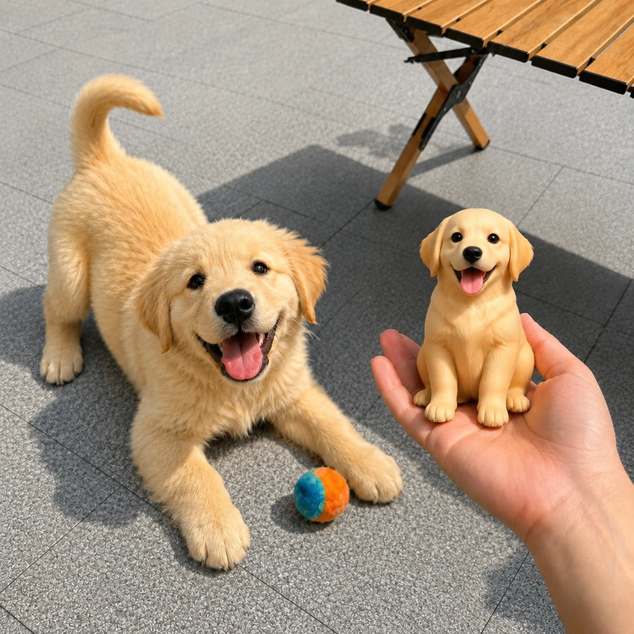 Realistic custom pet sculpture of a golden retriever puppy held next to the real dog