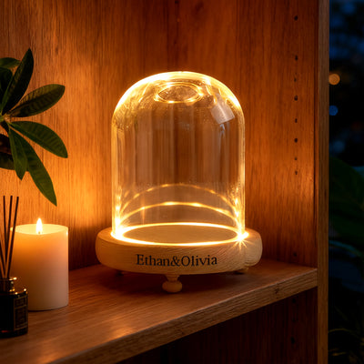 Glass dome light with 'Ethan & Olivia' branding on a wooden shelf with a candle and plant.
