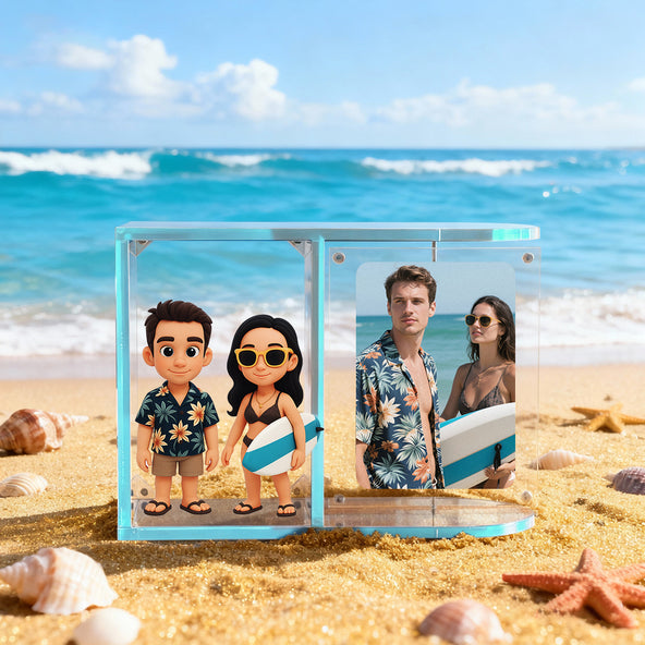 Framed photos of a couple on a beach with ocean view