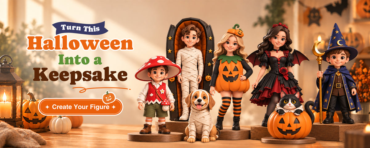 Six custom 3D printed Halloween figurines handcrafted from photos, in pumpkin, witch, vampire, skeleton, ghost and mummy looks