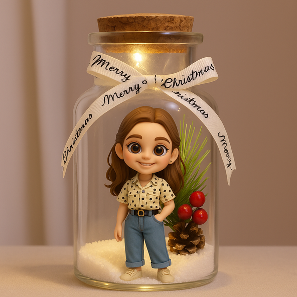 Figurine of a person in a glass jar with 'Merry Christmas' ribbon and festive decorations on a beige background.