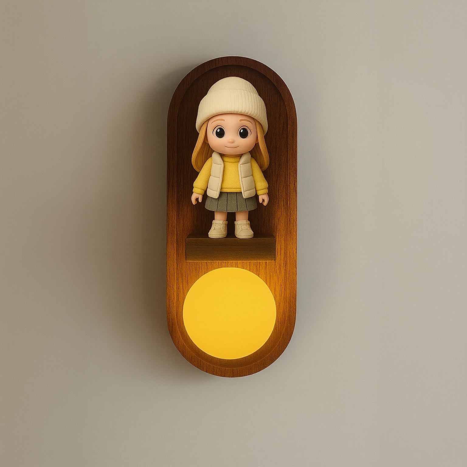 Toy figure of a child in a wooden shelf with a glowing yellow light on a beige background