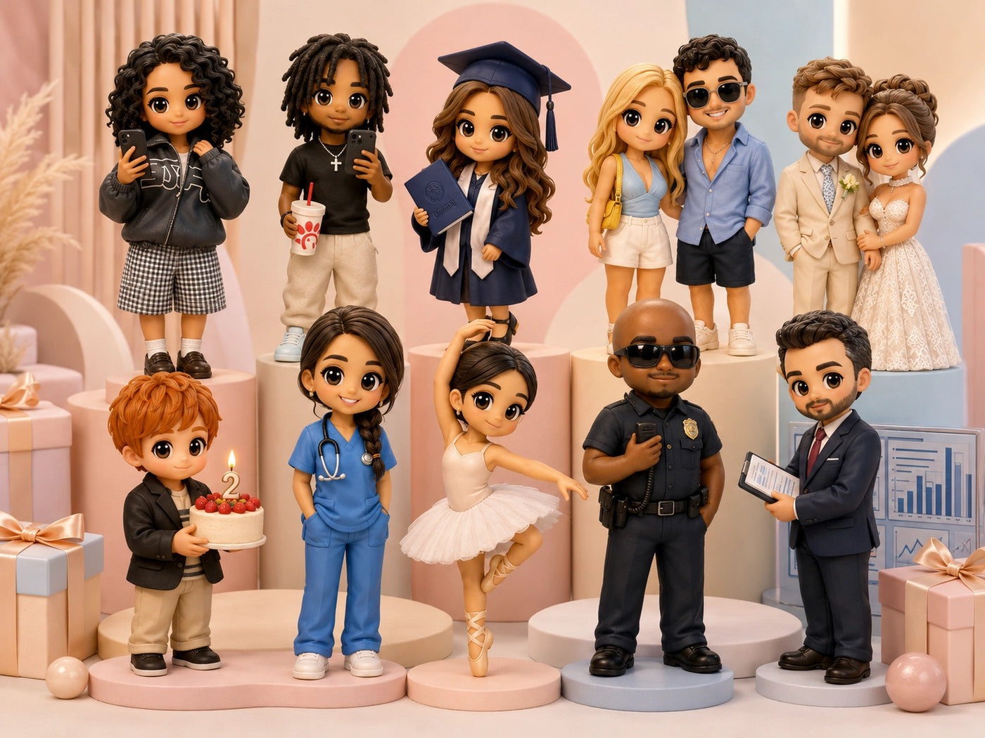 Group of custom figurines produced as a bulk corporate gift order by SnapFig