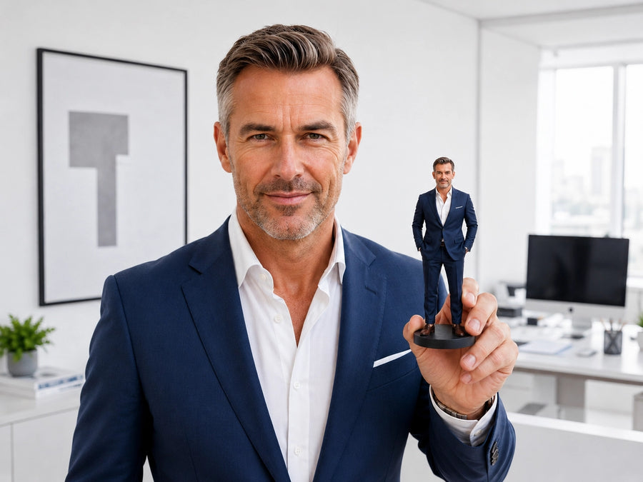 Man holding a realistic custom statue of himself in a suit, a career milestone gift