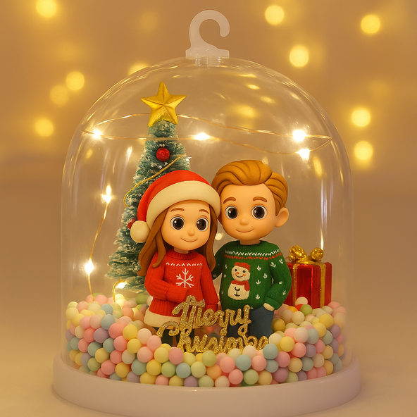Decorative Christmas scene with two characters under a glass dome, surrounded by lights.