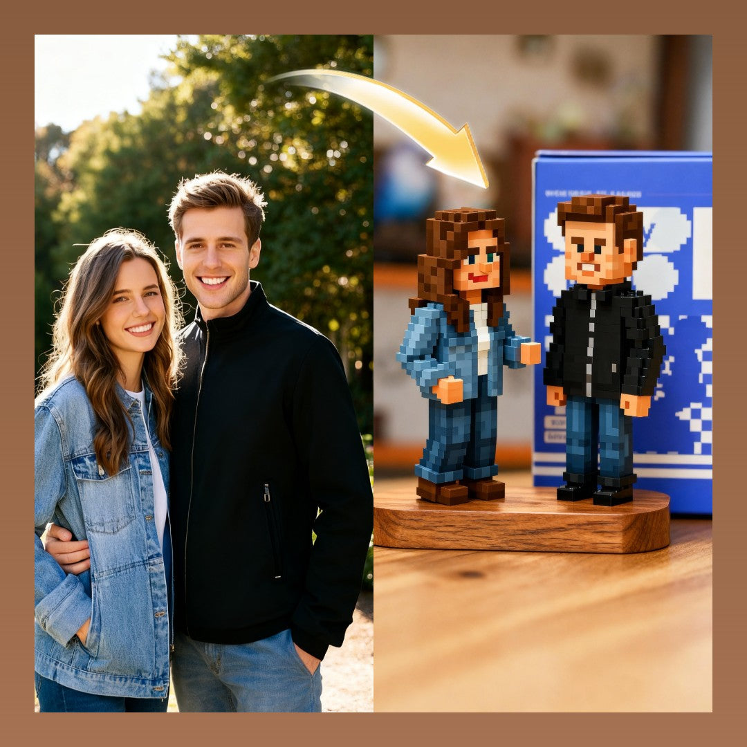 Two people standing outdoors with a focus on pixelated figure toys on a wooden stand.